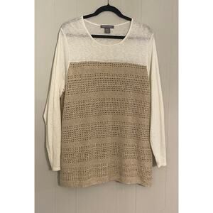 Beachy Coastal Grandma Beige White Open‎ Knit Crochet Lightweight Sweater 1X